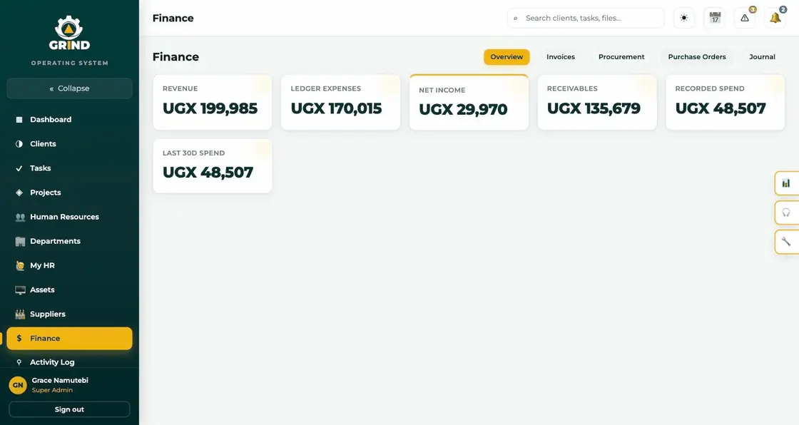 The Finance module: revenue, expenses and the ledger being opened, in demonstration data